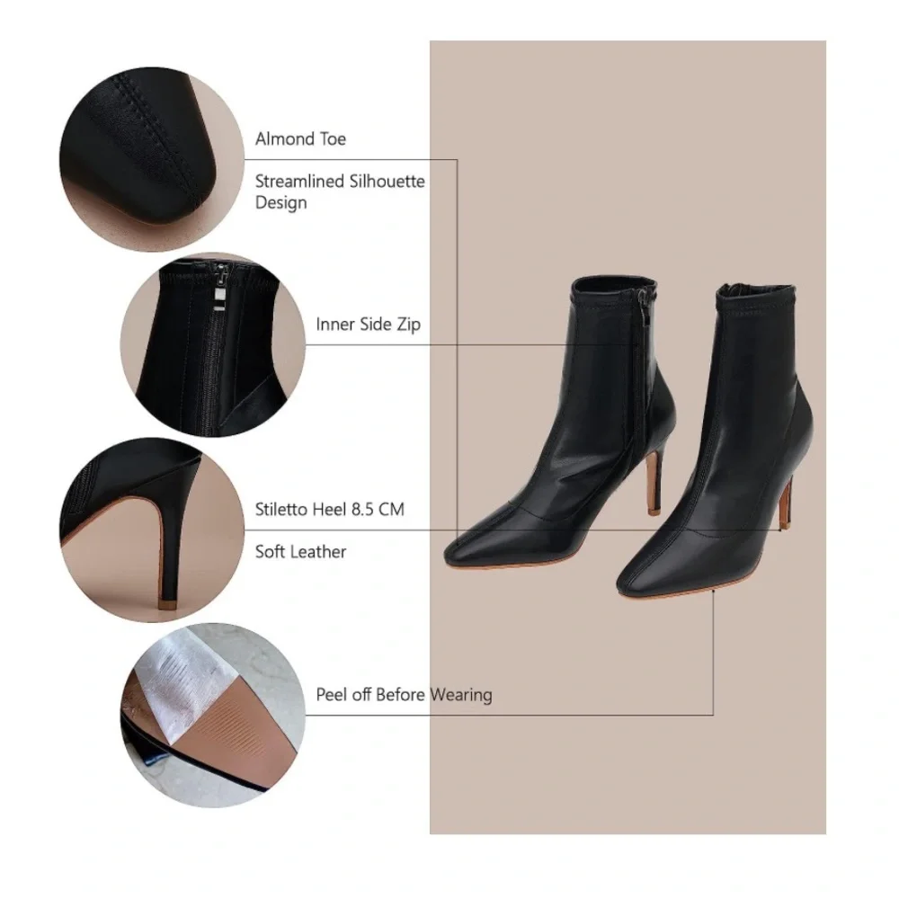 Black Leather Pointed-Toe Ankle Booties - Women's Fashion Booties - Picture 7 of 9